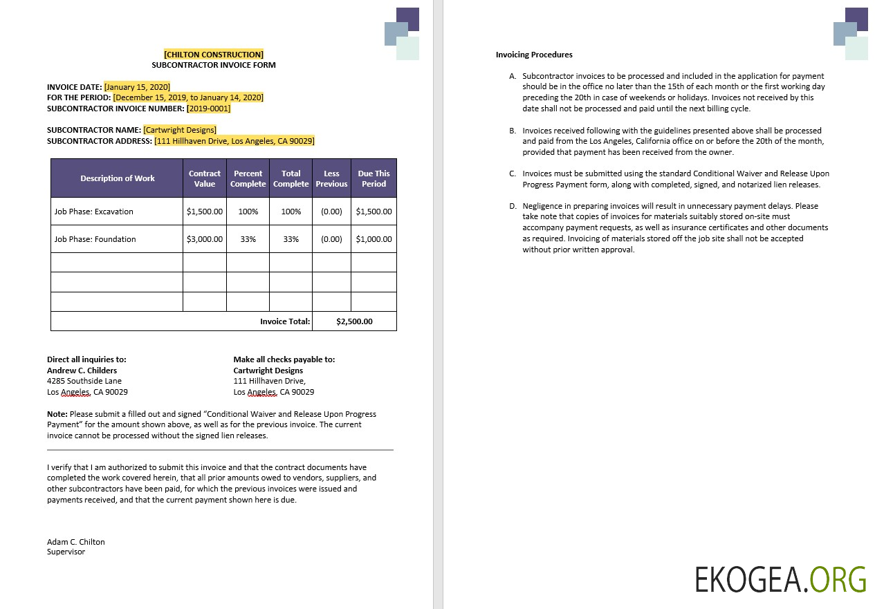 Modèle de facture de sous , traitant en construction